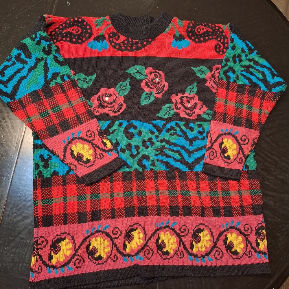 Traffic Jam Vintage Sweater Color Block Roses Jewels Plaid animal print paisley
